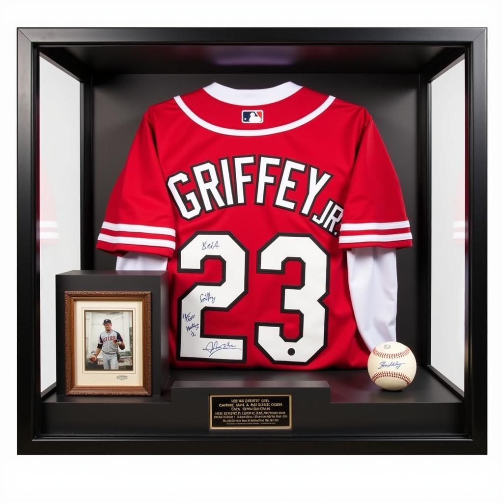 Display case with Ken Griffey Jr. autographed jersey and baseball