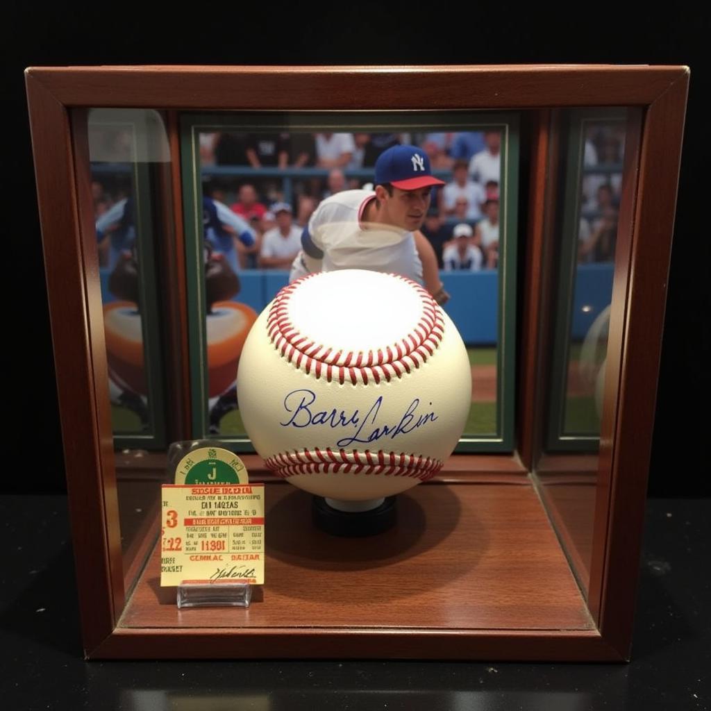 Display case showcasing a Barry Larkin autographed baseball alongside other memorabilia