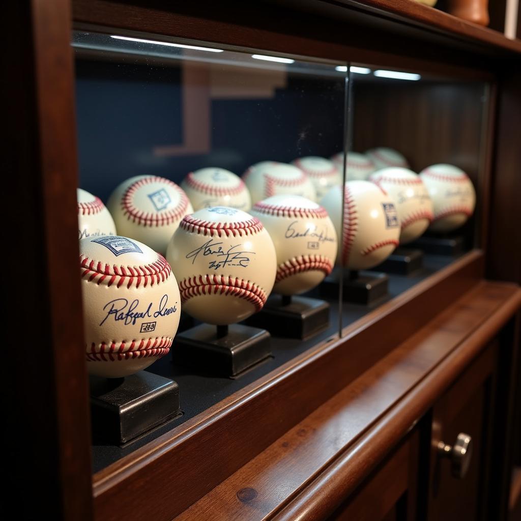 Display case featuring a collection of Rafael Devers signed baseballs