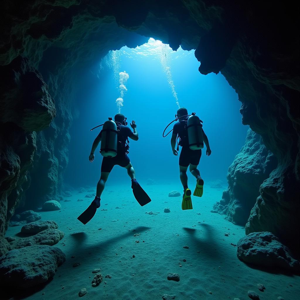 Divers exploring an underwater cave in Lakeland