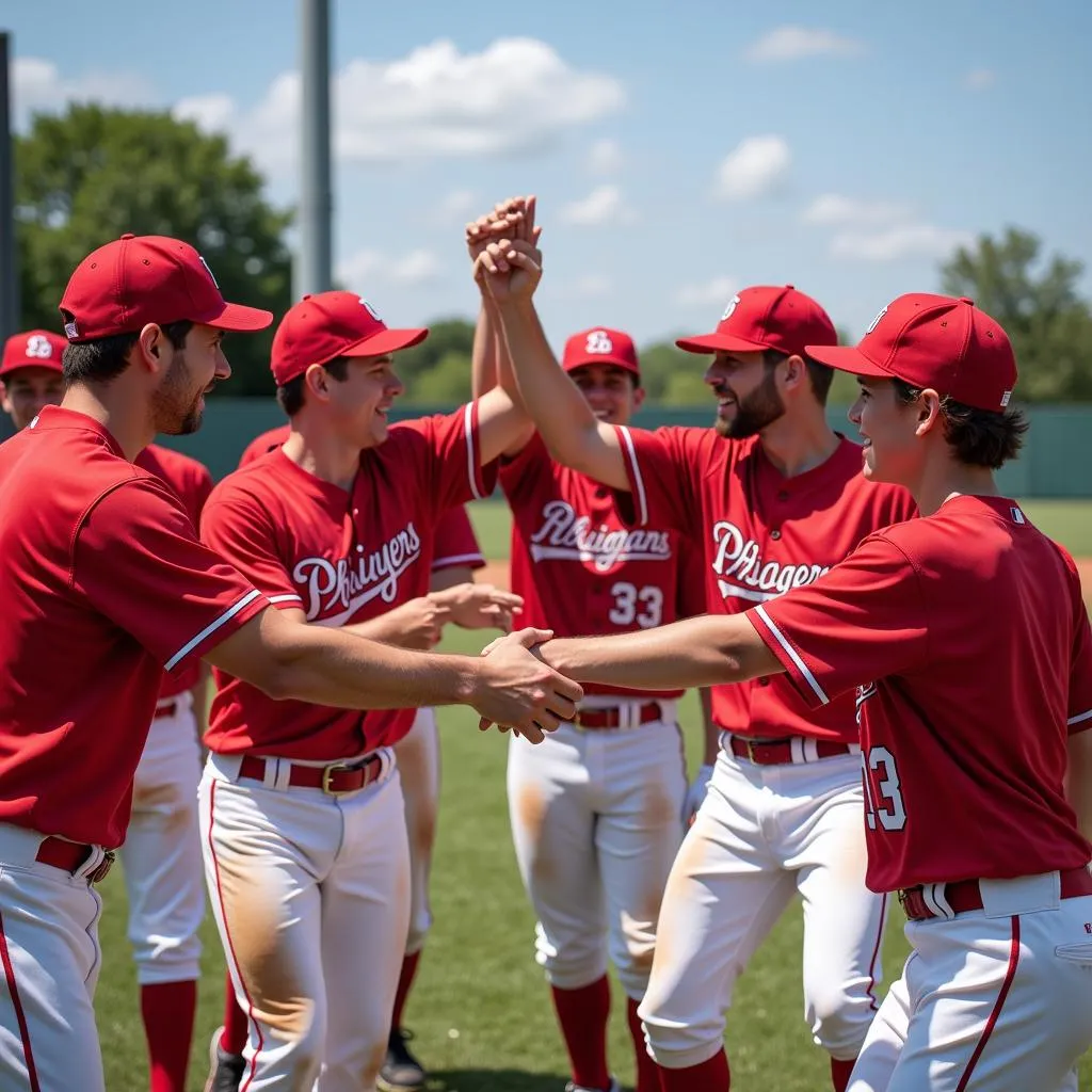 Diverse group of baseball players celebrating a victory