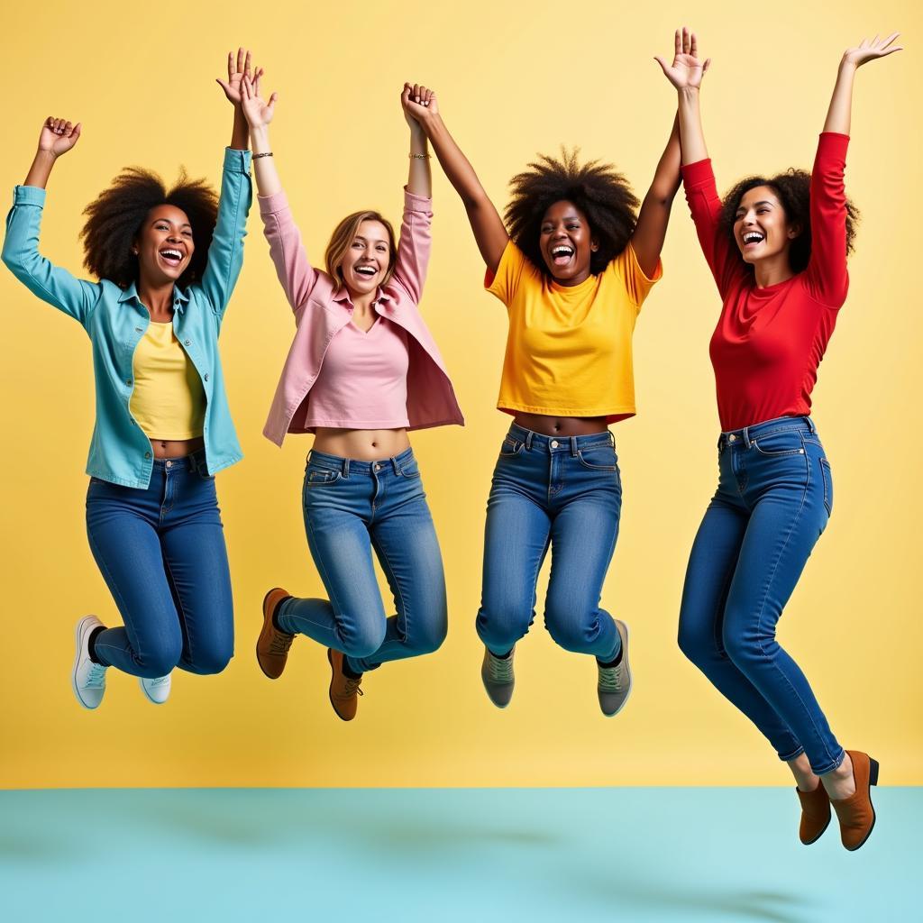 A diverse group of women jumping in the air with joy, celebrating their accomplishment.