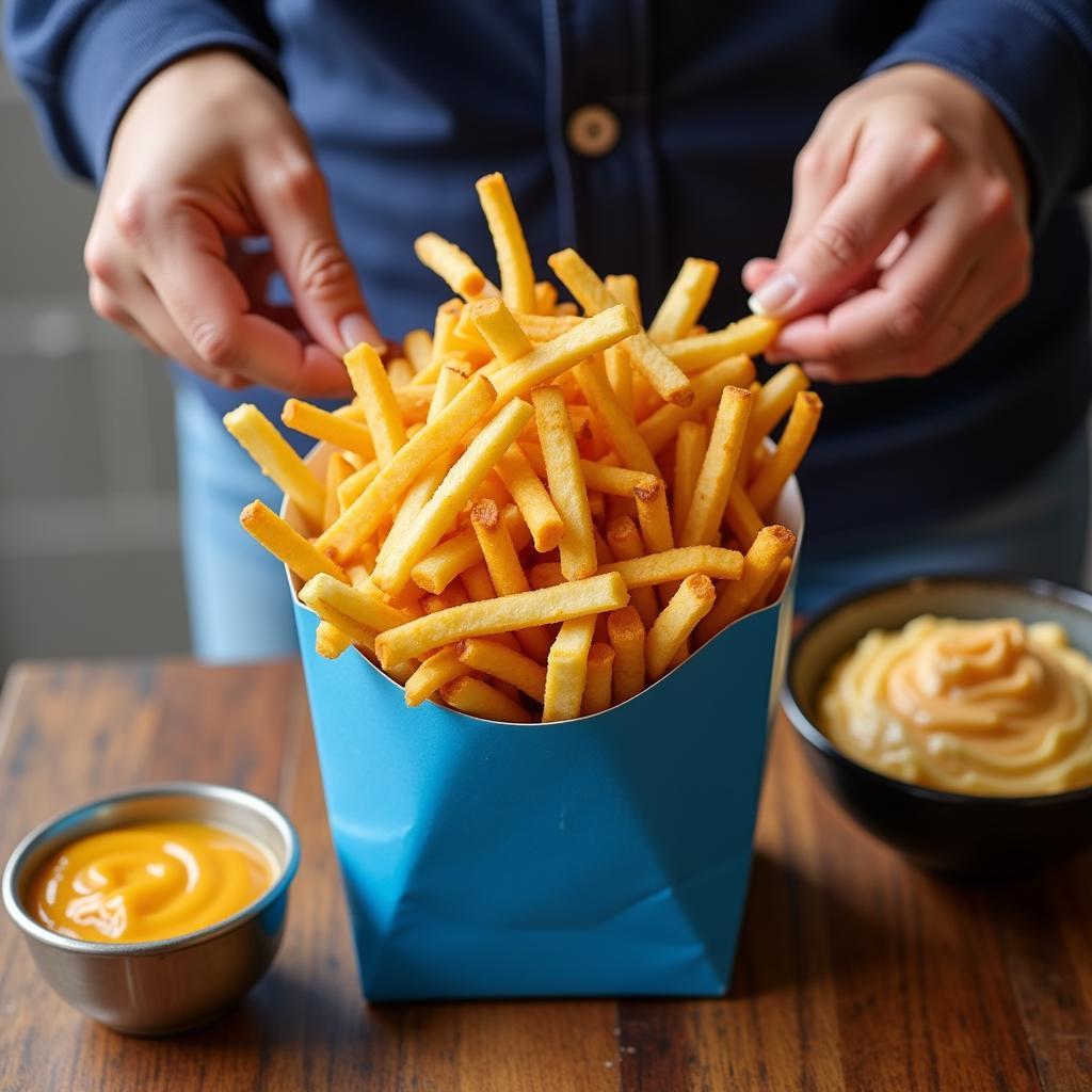 Preparing cheddar fries in a blue bag at home