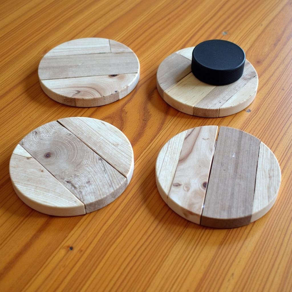 Hockey stick coasters on a table