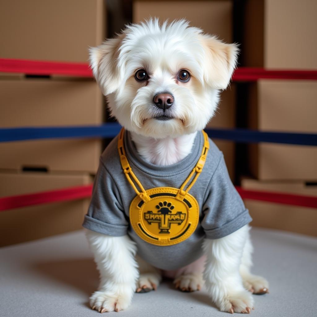 A dog wearing a DIY Rocky Balboa costume with a handmade championship belt.