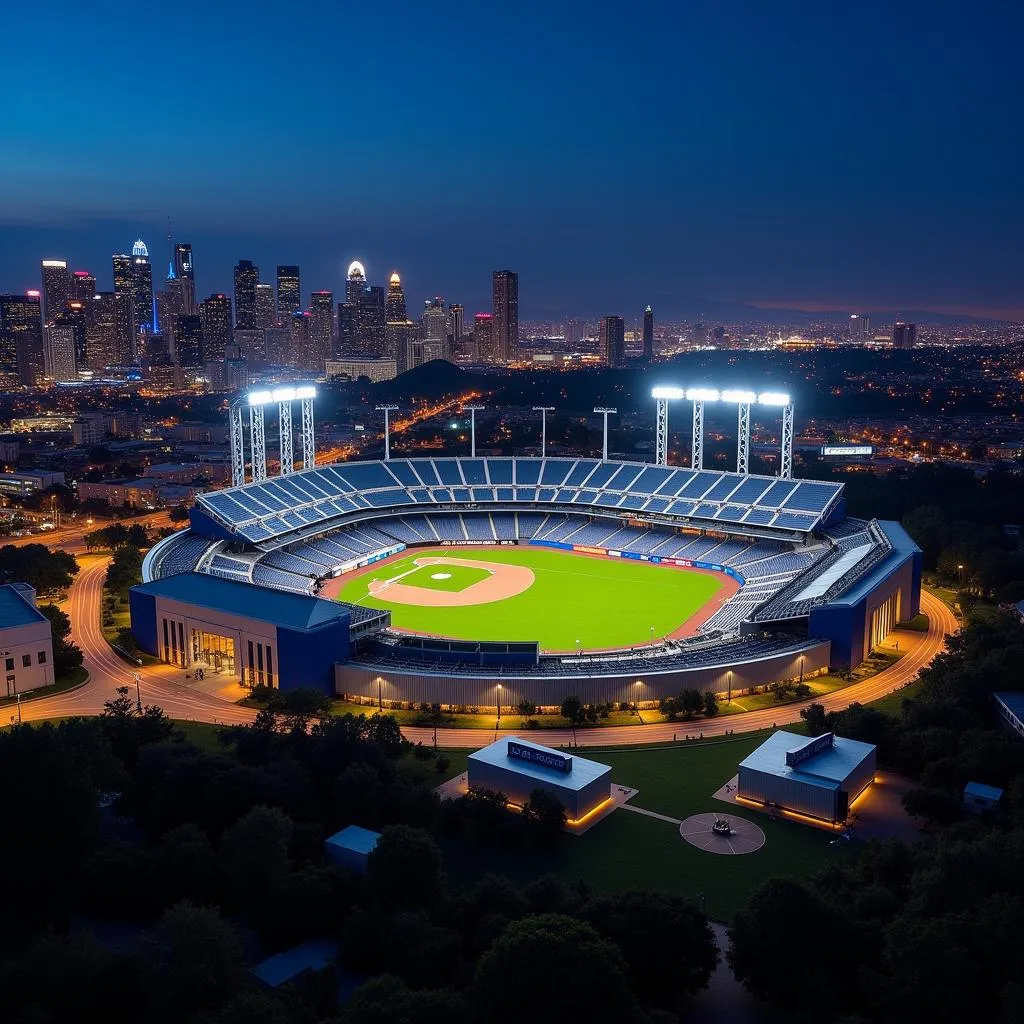 An aerial view of Dodger Stadium at night