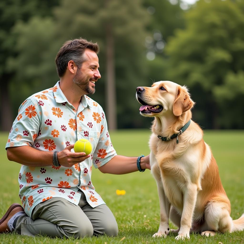  A smiling man and his Golden Retriever wearing matching Hawaiian shirts with a paw print and hibiscus flower pattern.