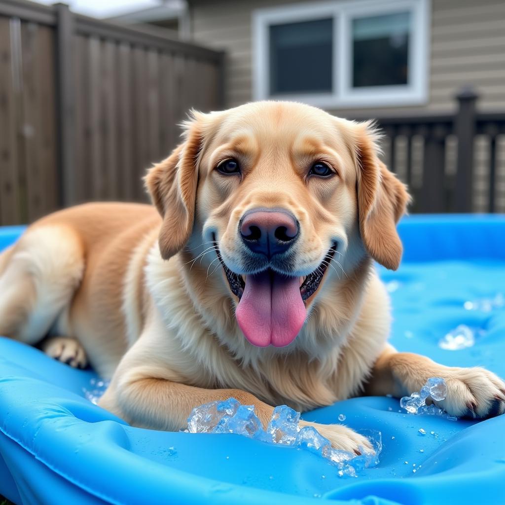 Golden Retriever relaxing on a blue ice bed