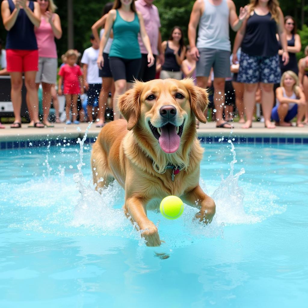 Golden Retriever playing fetch at Atlanta Swim Club Dog Days event