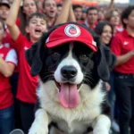 Dog sporting a visor hat at a Besiktas match