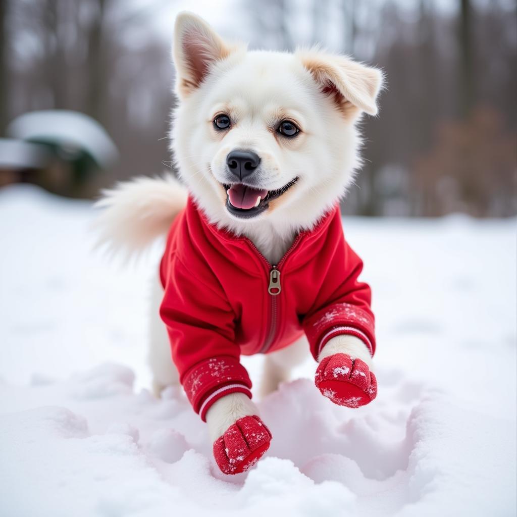 Dog wearing a winter onesie with feet playing in the snow