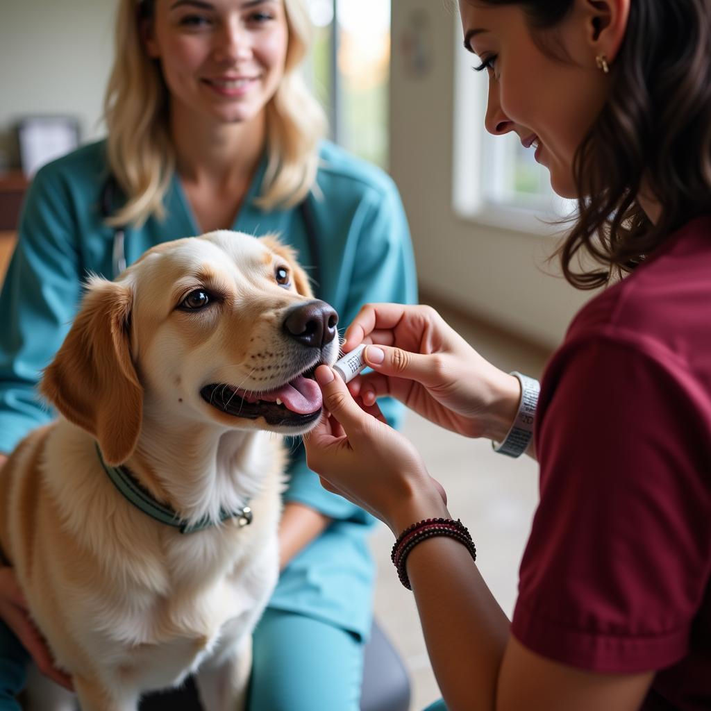 Dog receiving medication at doggy day care in Fond du Lac