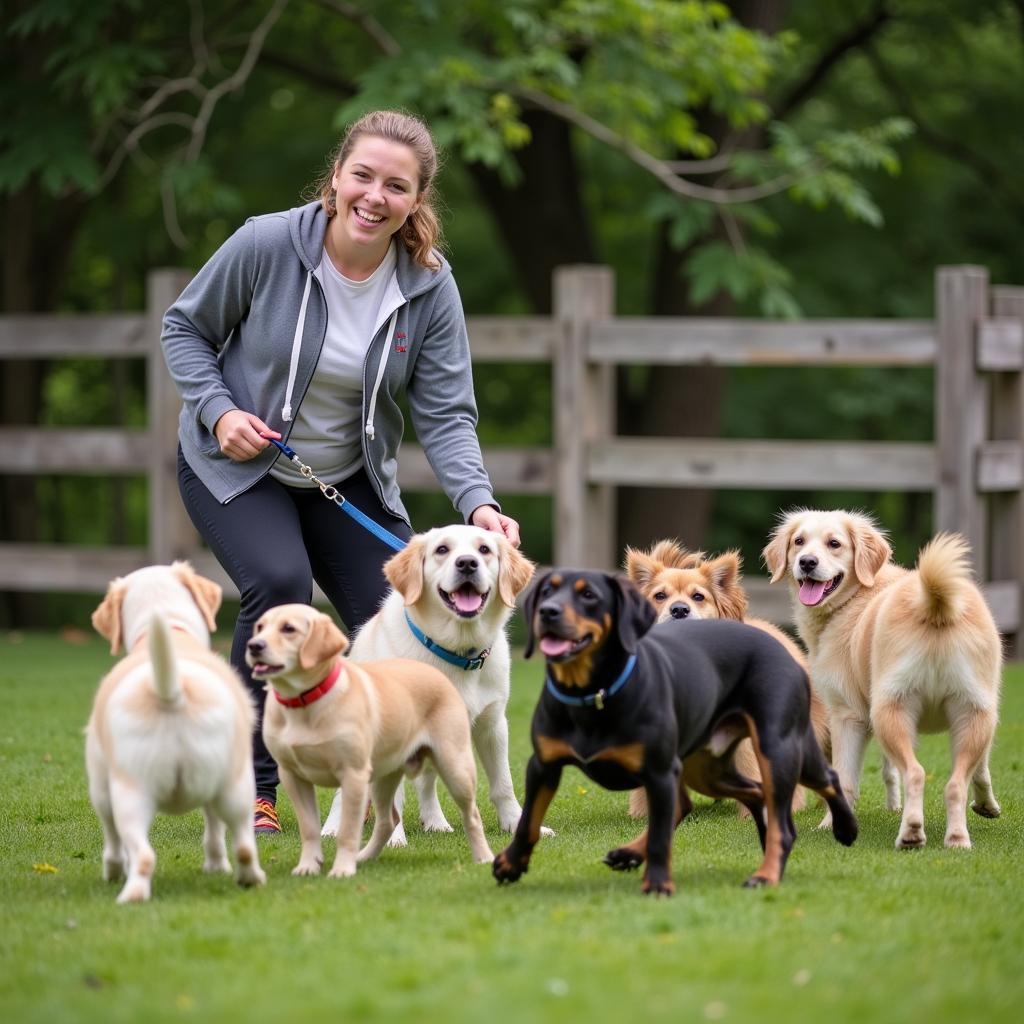 Doggy day care staff member in Fond du Lac supervising playtime