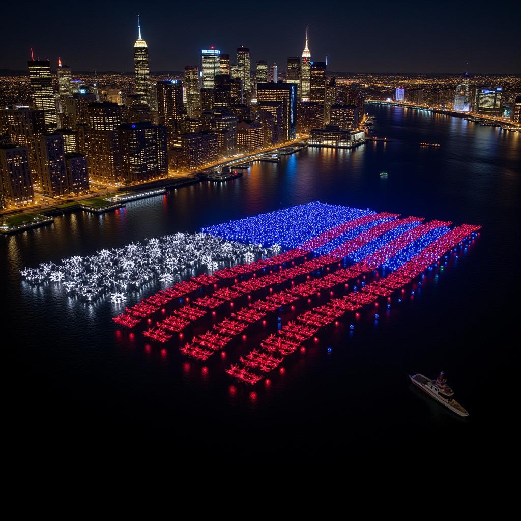 A fleet of drones forming a captivating light show above the Hudson River in New York City.