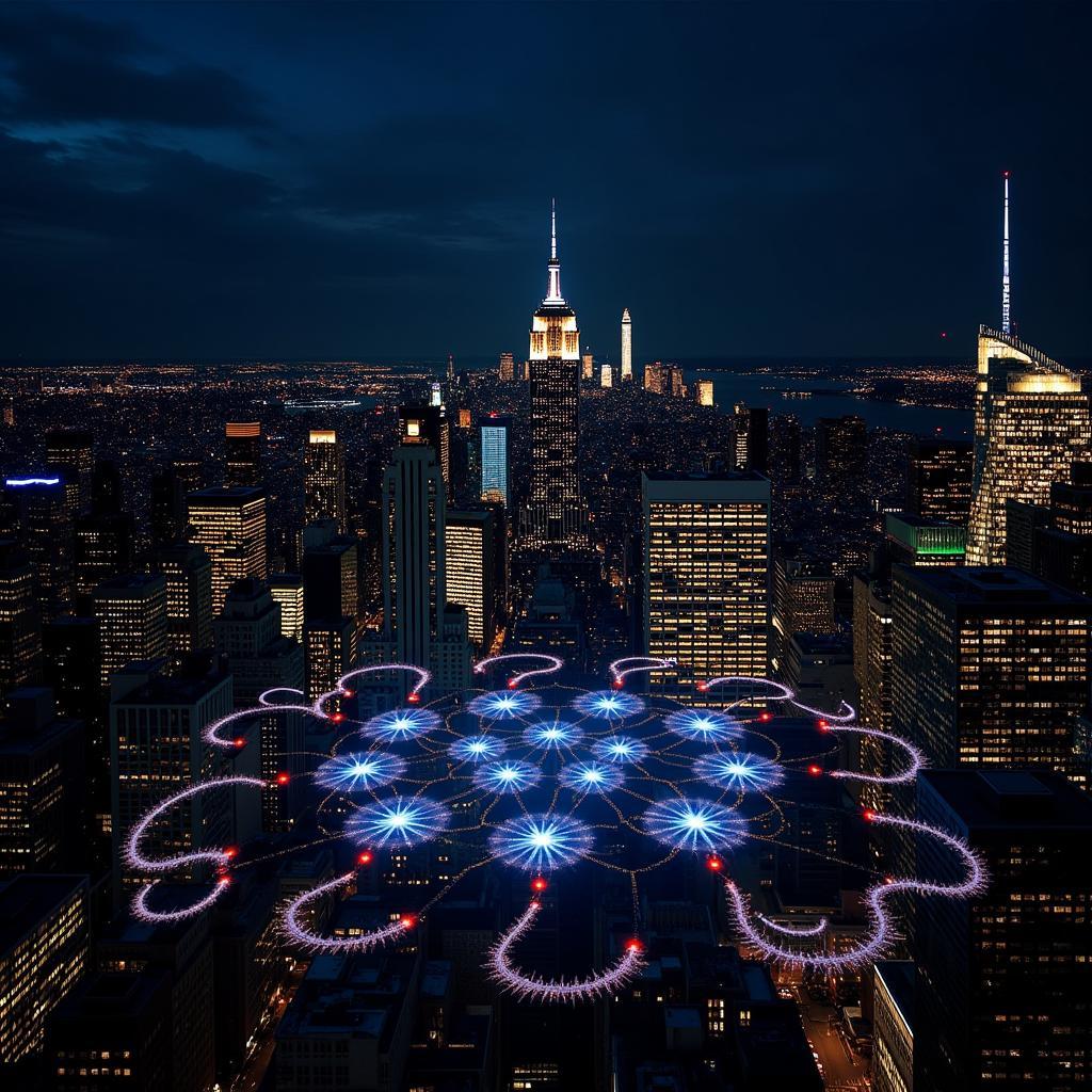 Drone show illuminating the night sky above New York City skyline