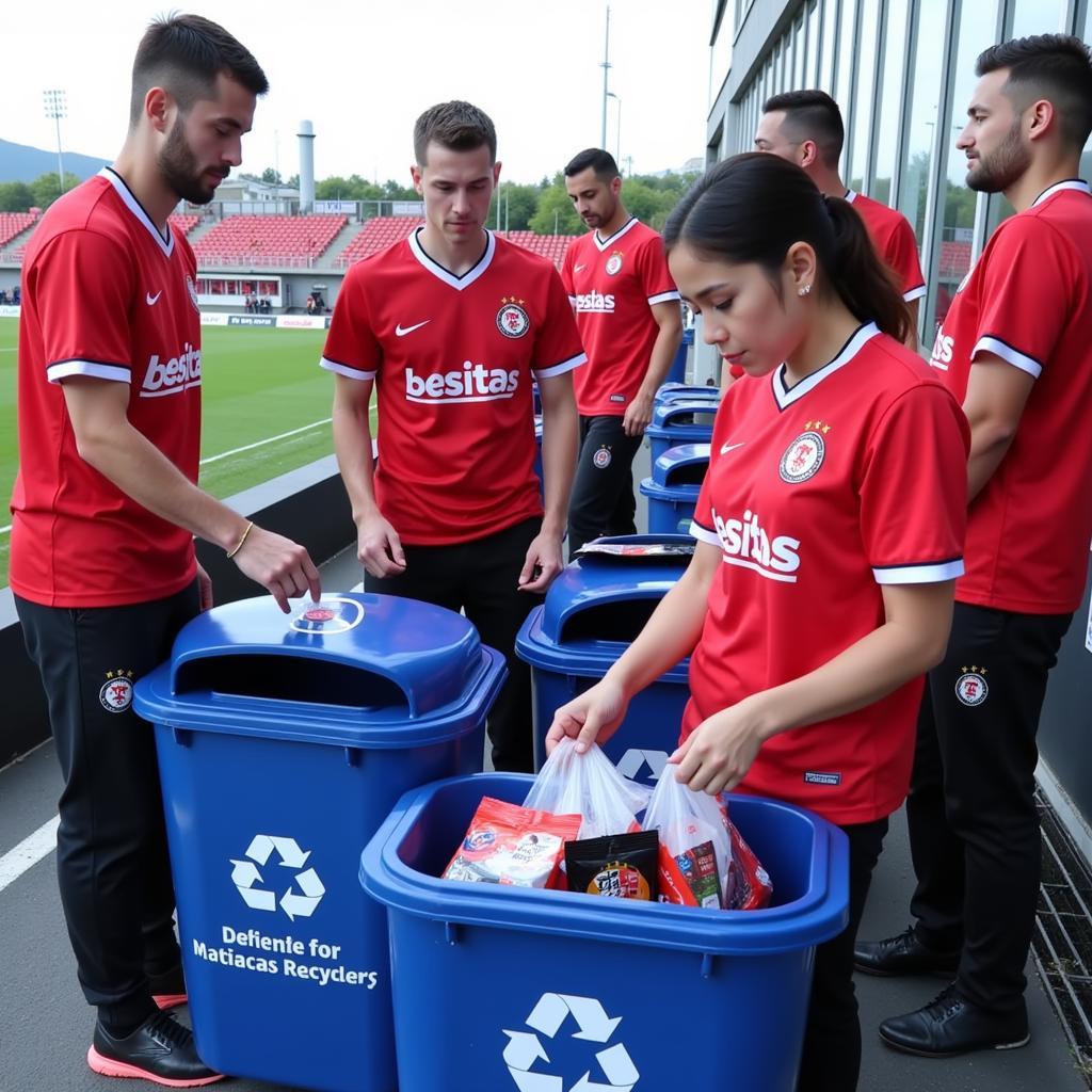 Volunteers collecting used drink pouches for recycling after a Besiktas match