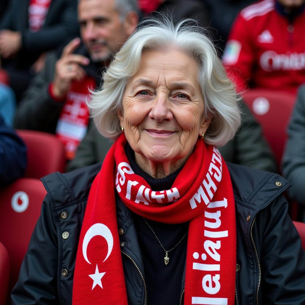 Elderly Besiktas fan enjoying a match from the stands with the help of a walking stick seat at Vodafone Park