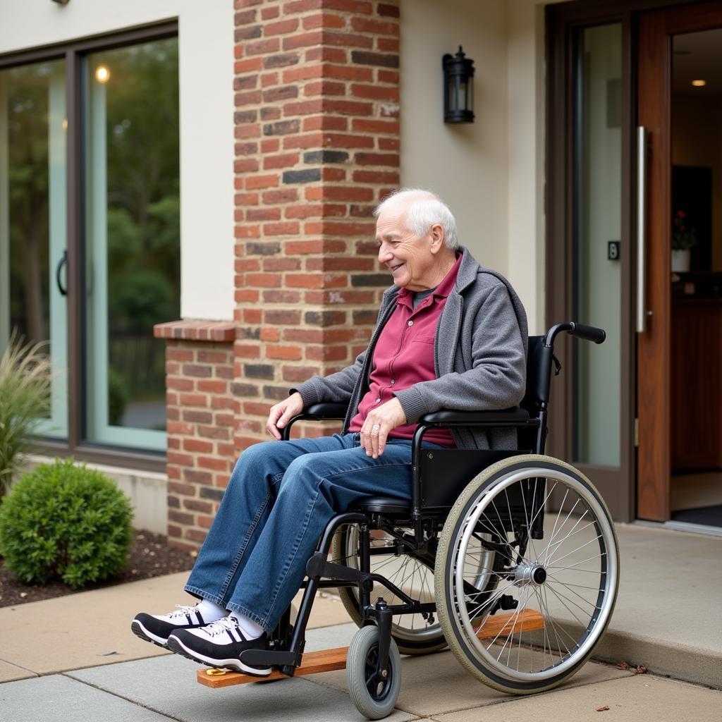 An elderly person using a wheelchair ramp to access a building