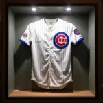 Ernie Banks autographed jersey in a display case