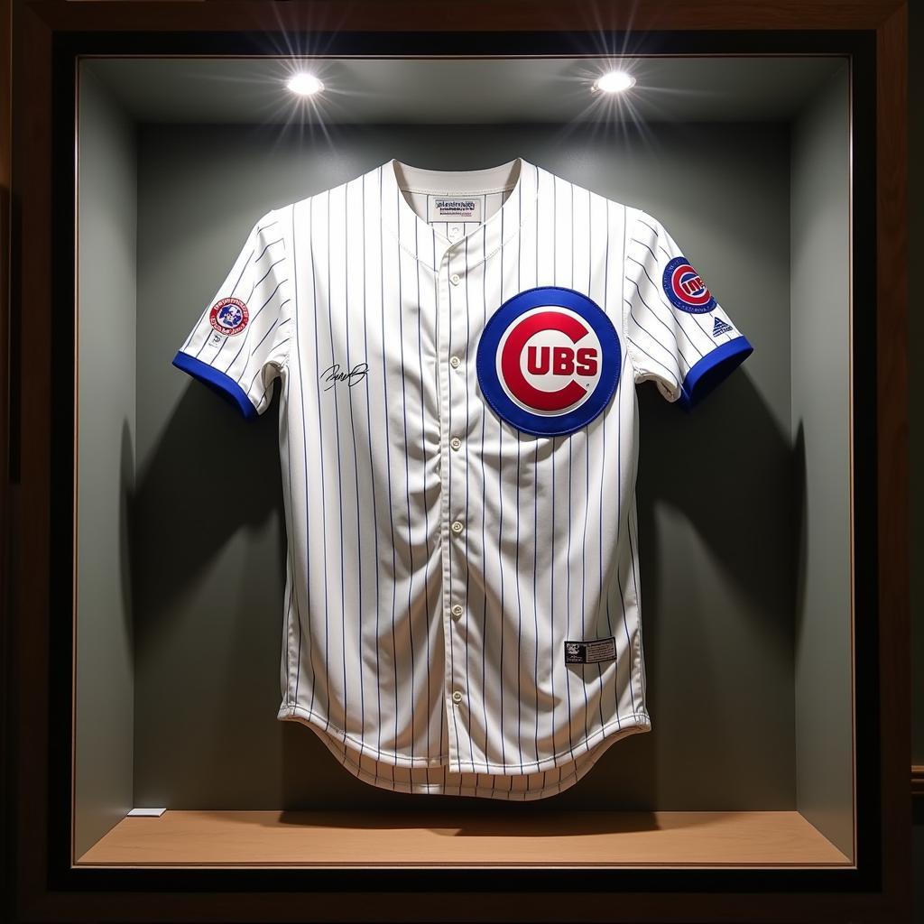 Ernie Banks autographed jersey in a display case