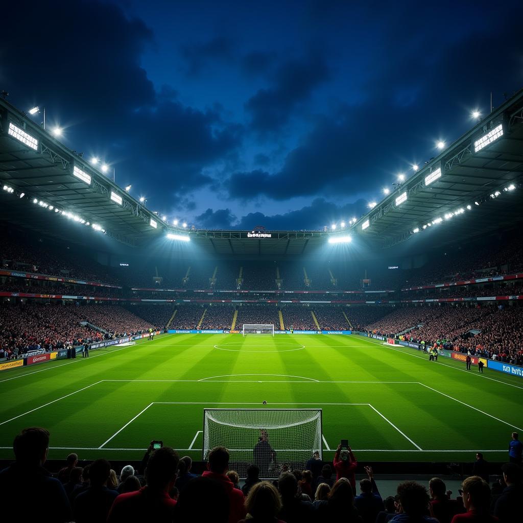 A European football pitch illuminated for a night match