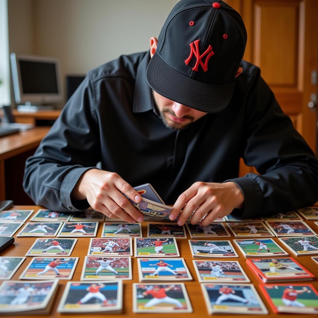 A person examining baseball prospect cards