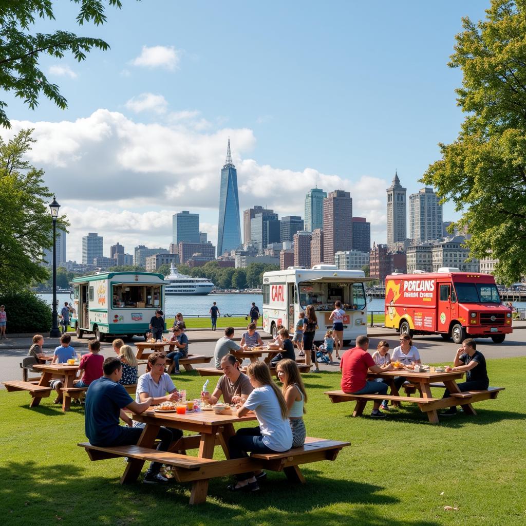 Families enjoying food truck meals at picnic tables on the Eastern Promenade with the Portland cityscape in the background