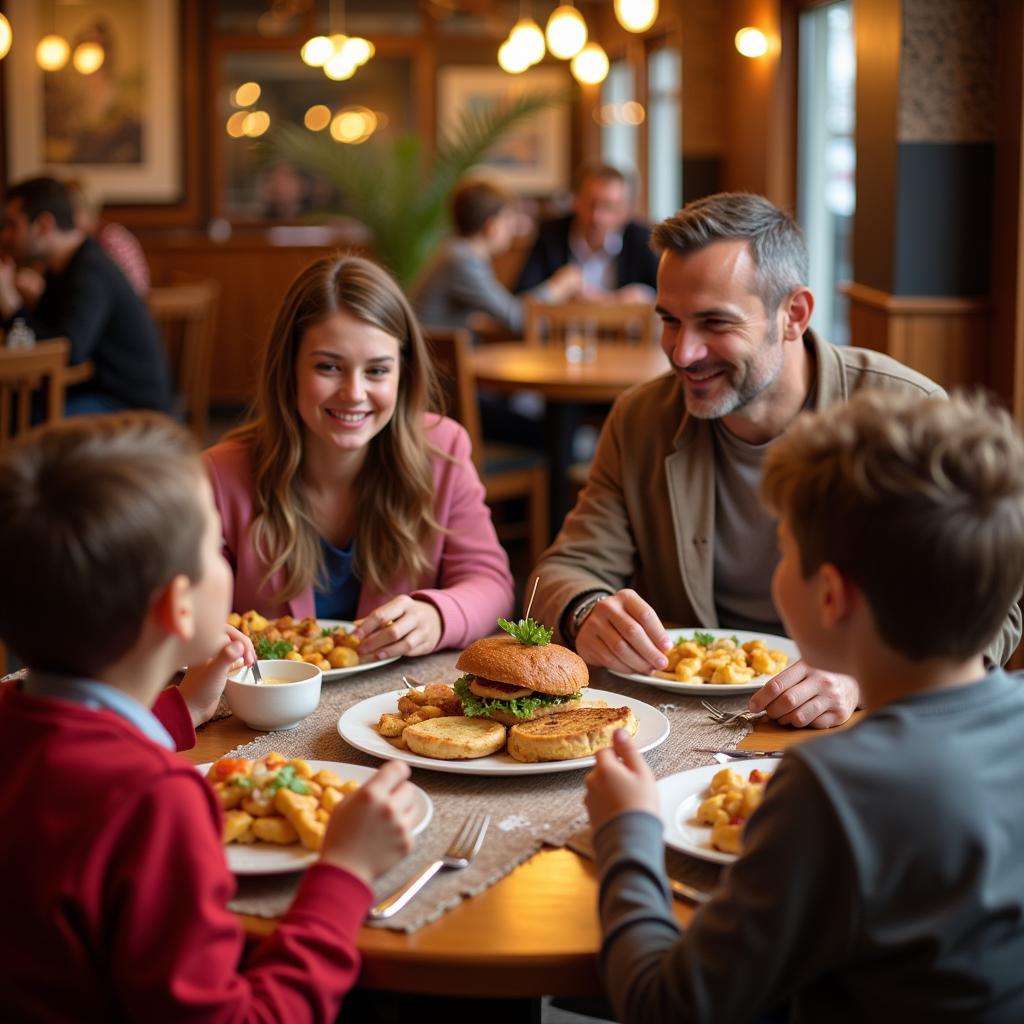 Family enjoying a meal at a Houston restaurant participating in the Kids Eat Free Thursday promotion