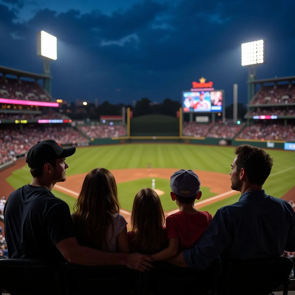 A heart-warming image of a family enjoying a baseball game at night under the bright stadium lights, capturing the essence of the American baseball experience.