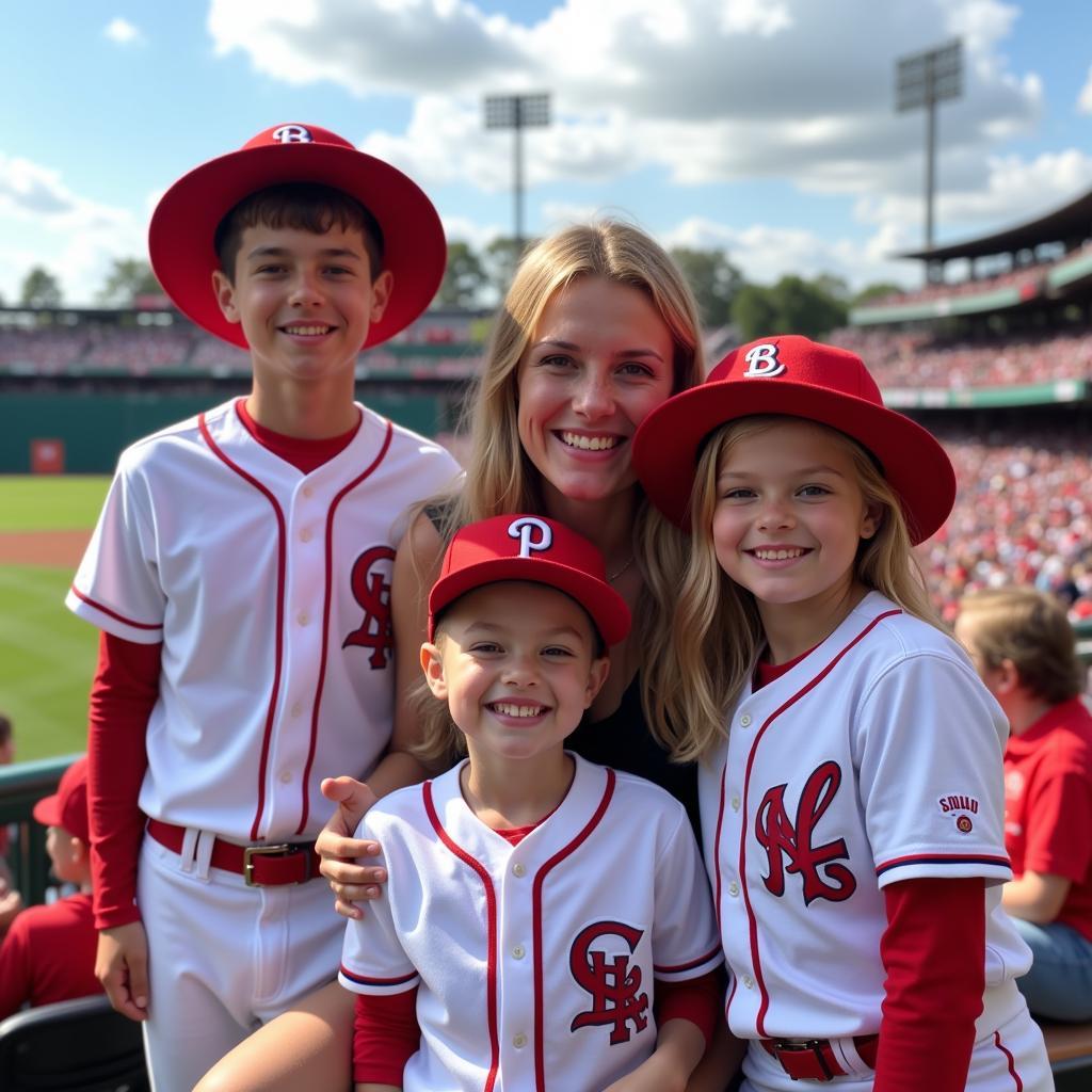 A family smiles at a baseball game in Florida