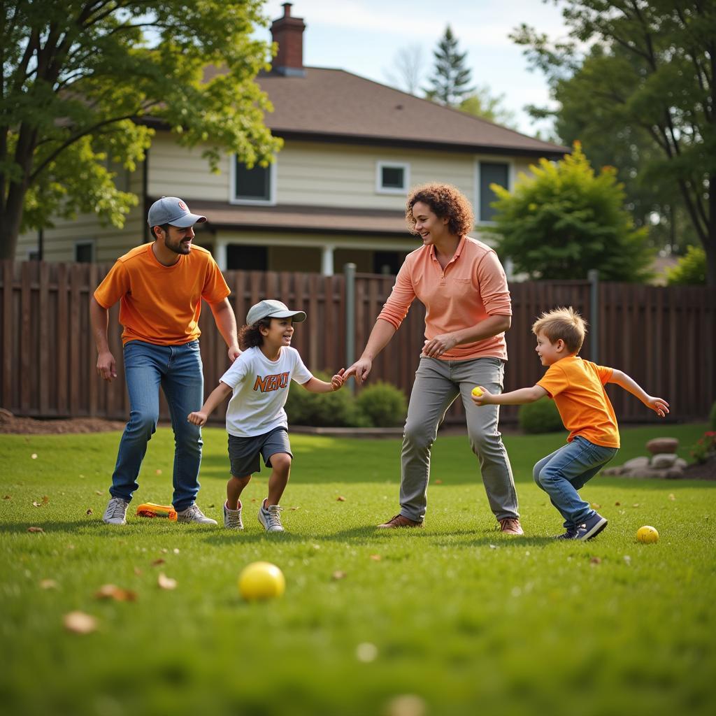 Family enjoying a Nerf baseball game in their backyard.