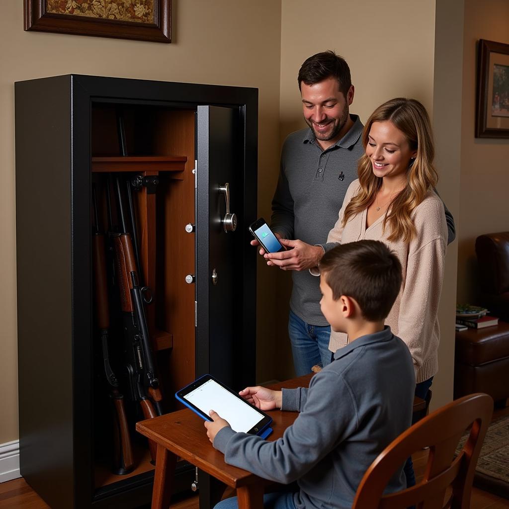 Family utilizing the features of a gun safe with a phone charger