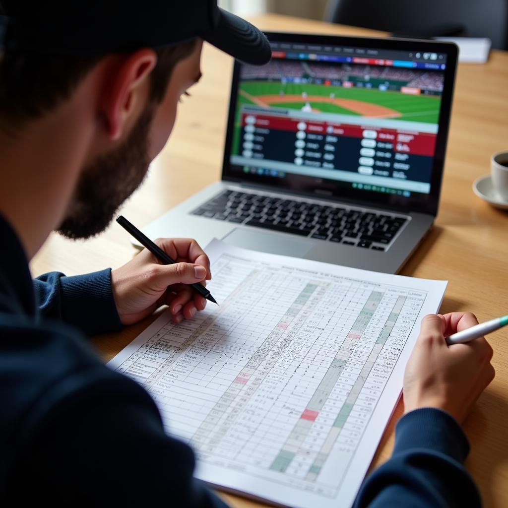 Baseball fan using a depth chart PDF to analyze team strategy.