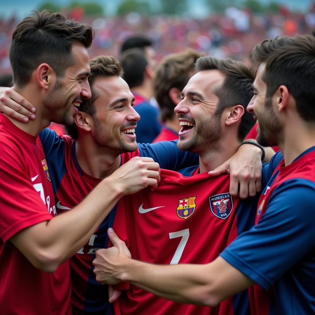 Fans from opposing teams share a moment of camaraderie