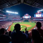 Enthusiastic fans react to an exciting play during an MLB game.