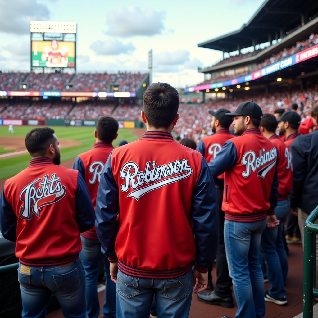 Fans sporting Jackie Robinson jackets at a baseball game