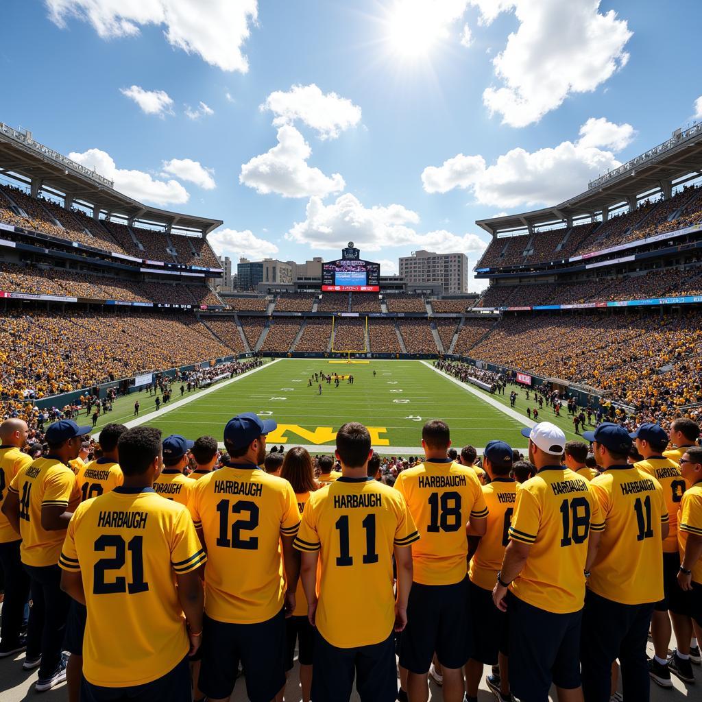 Fans proudly displaying their Jim Harbaugh Michigan jerseys at Michigan Stadium