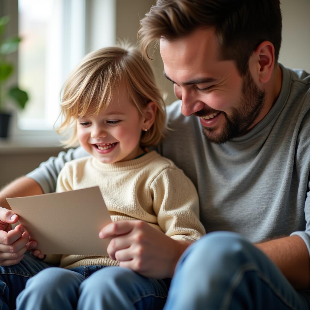 A father and child share a heartwarming moment as they read a Father's Day card together.