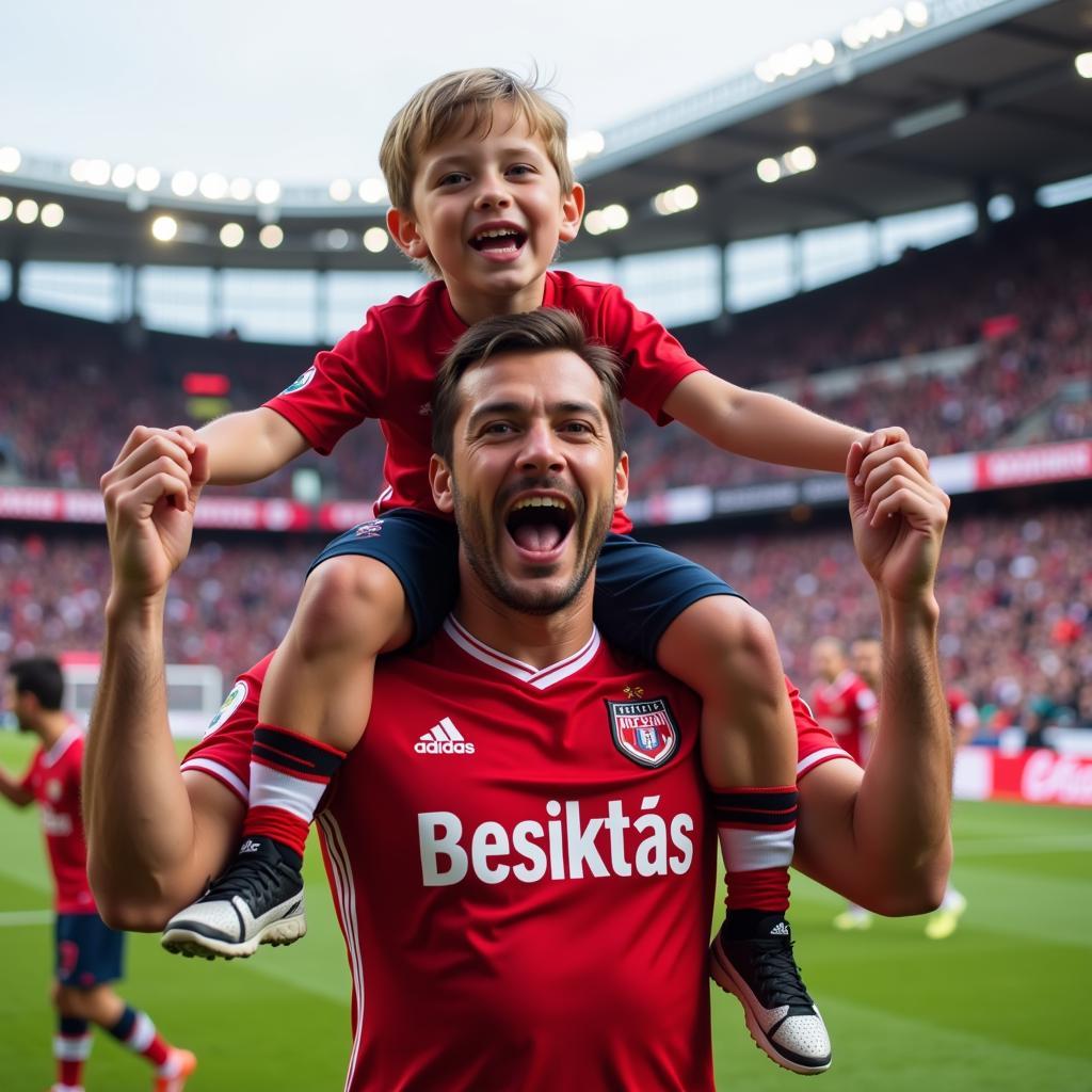 Father and son Besiktas fans celebrating a goal