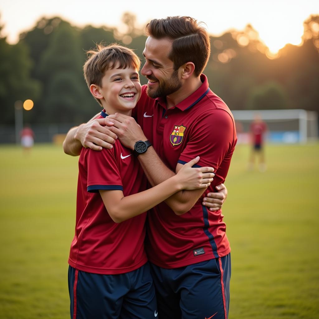 Father and Son Embracing on the Football Pitch