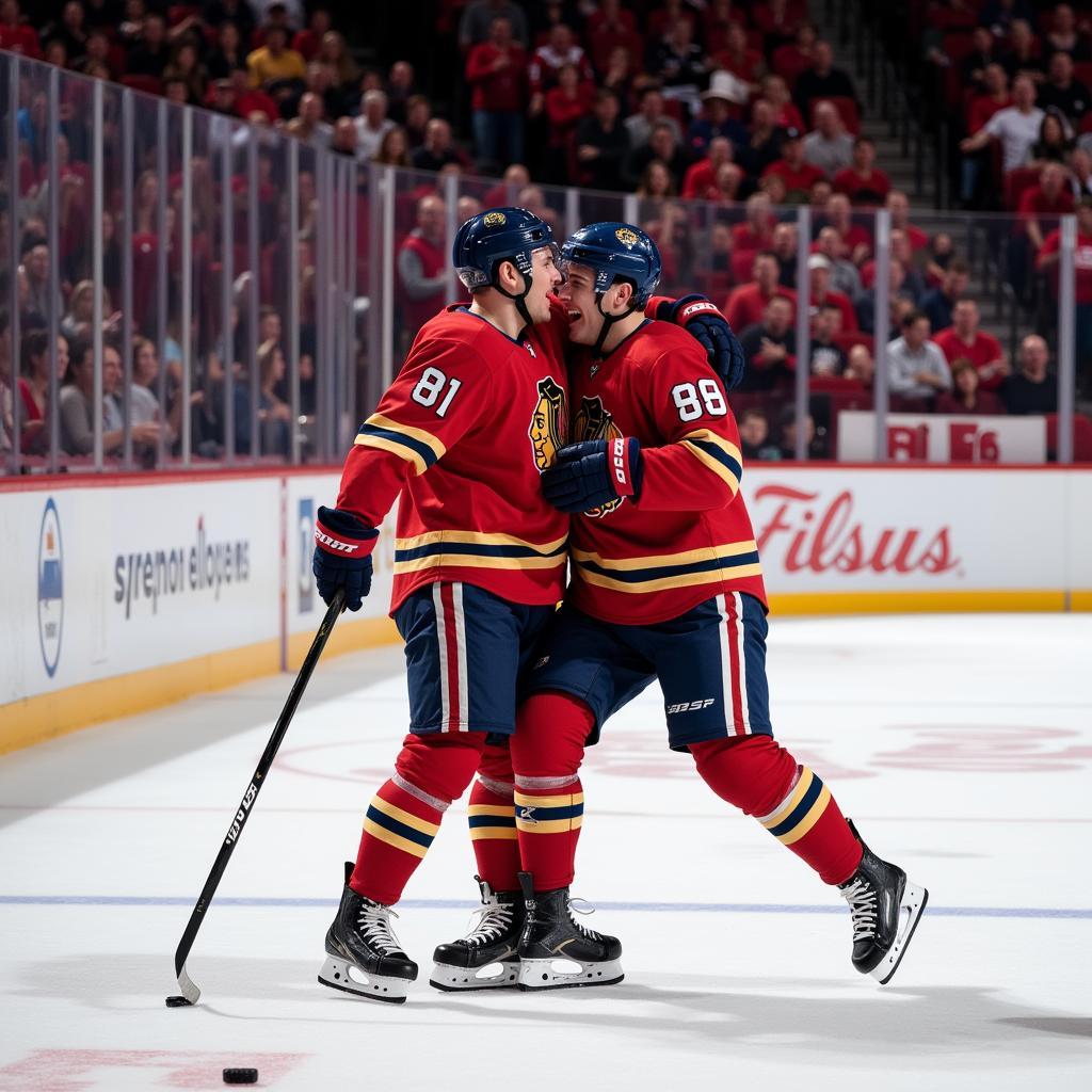 Father and Son Hockey Players Celebrating on Ice