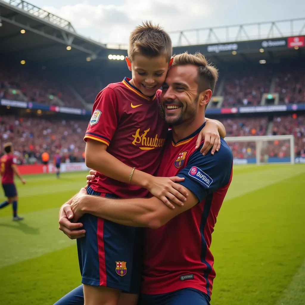 Father and son soccer players celebrating a goal