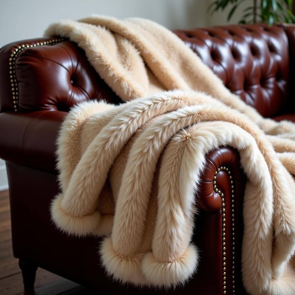 Faux fur throw blanket draped over a leather couch