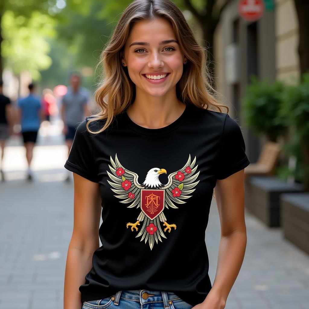 A female Beşiktaş fan confidently sporting a Latina-inspired tee shirt