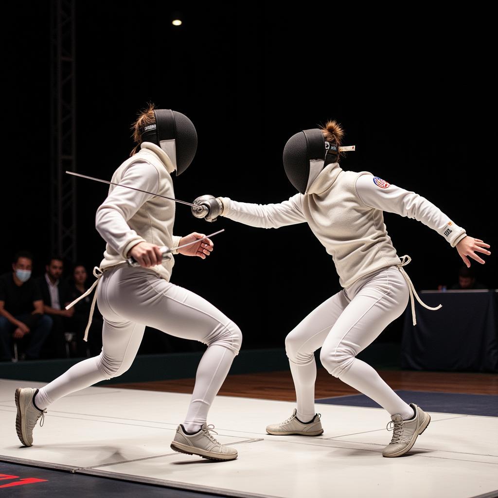 Fencer lunges forward during a fencing match