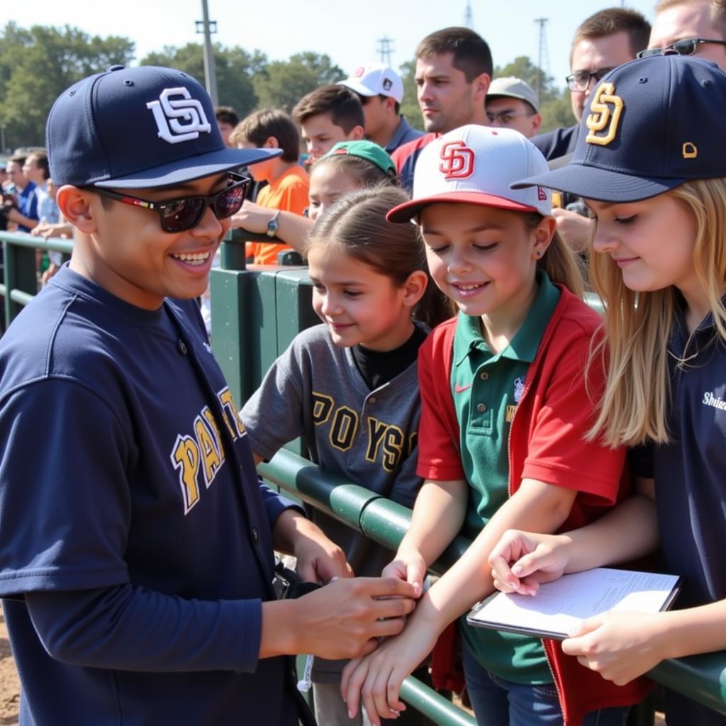 Fernando Tatis Jr. signing autographs for fans while wearing his glasses