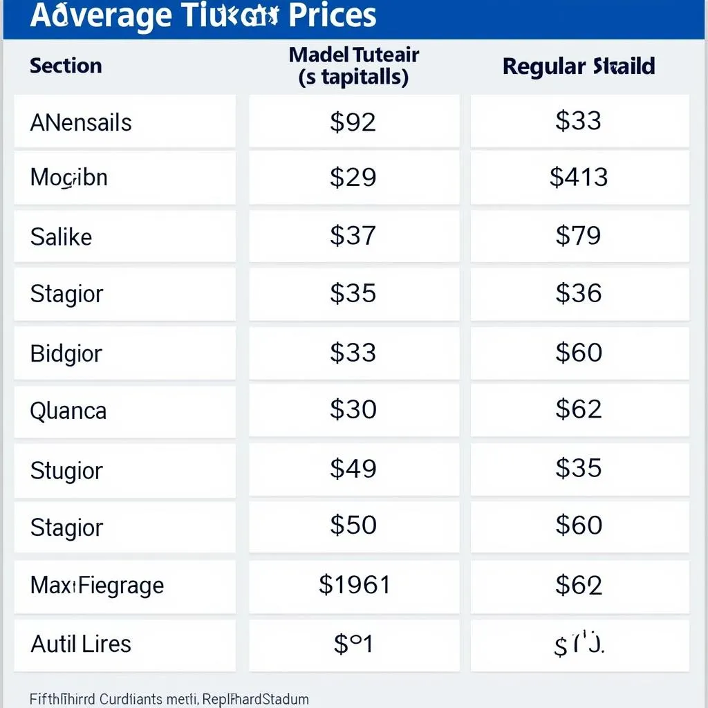 Chart of ticket prices for different sections