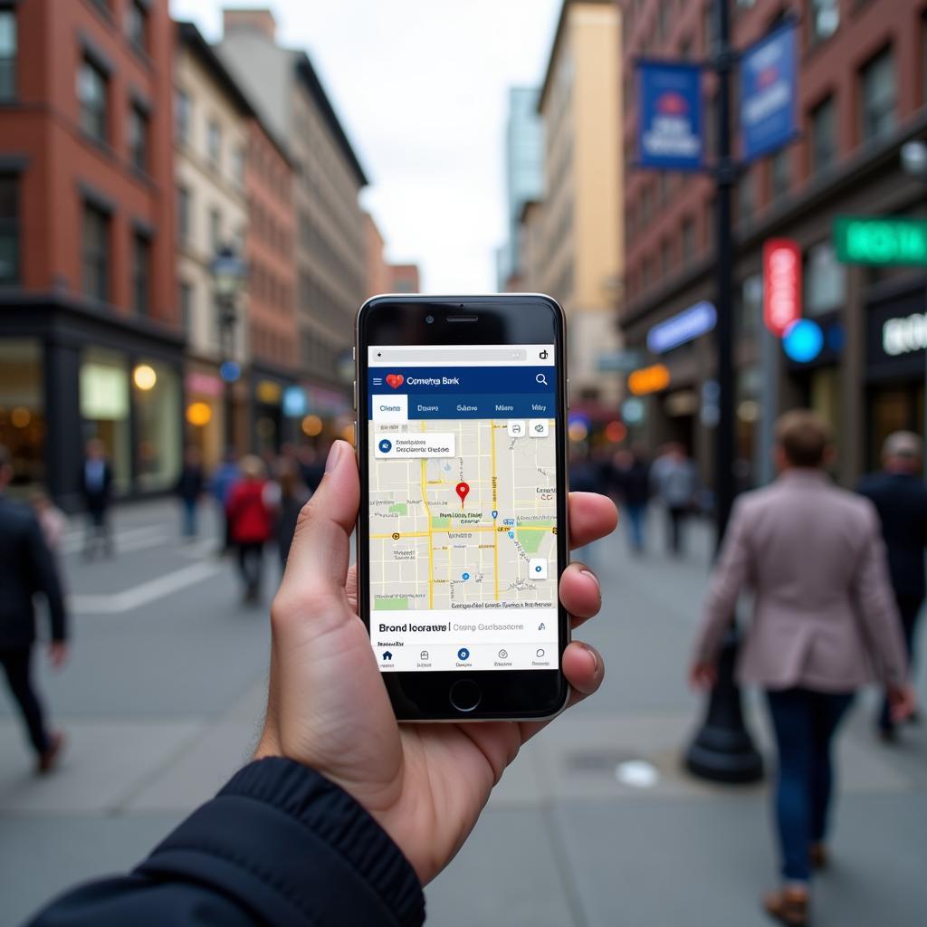 A person using their smartphone to locate the nearest Comerica bank branch