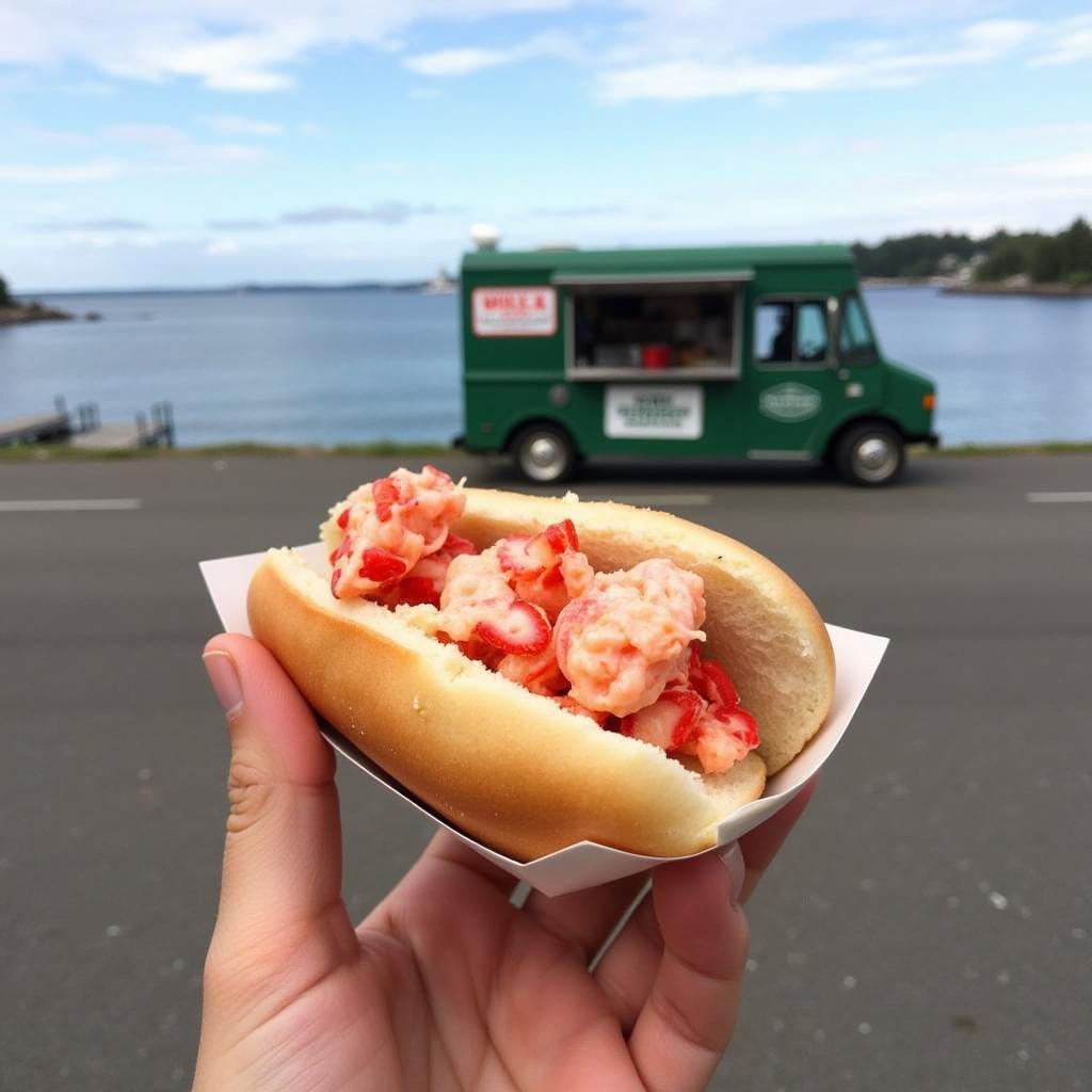 Enjoying a meal from a food truck with a stunning view of Casco Bay