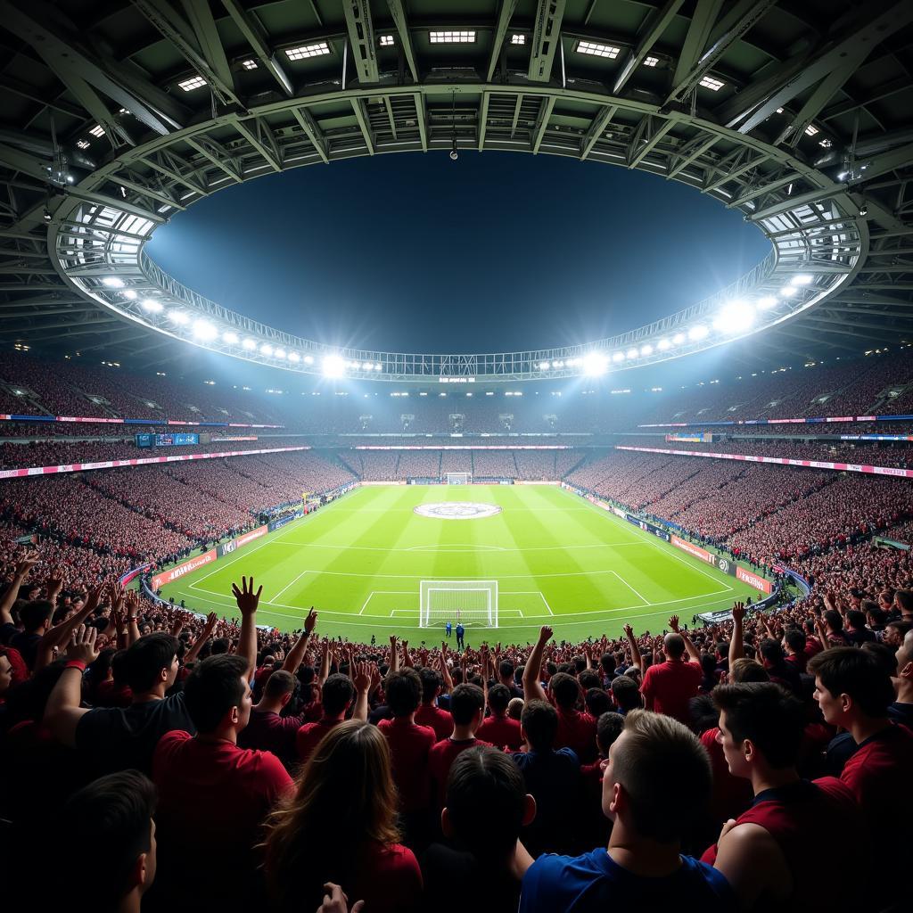 Football fans chanting in a packed stadium